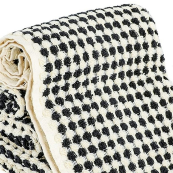 Turkish Spa Hair Peshtemal XL Hand Towel Black Natural White Pom Pom Houndstooth - Picture 5 of 8
